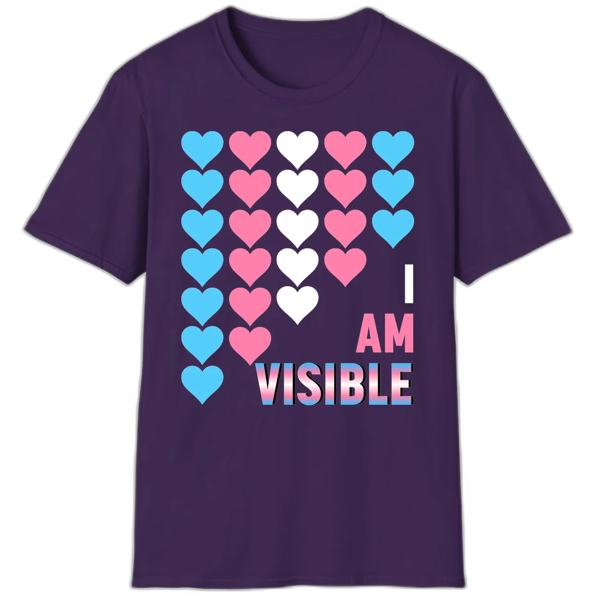 I Am Visible Pride design with repeating cyan, pink, and white hearts on gray background and gradient text message in Purple