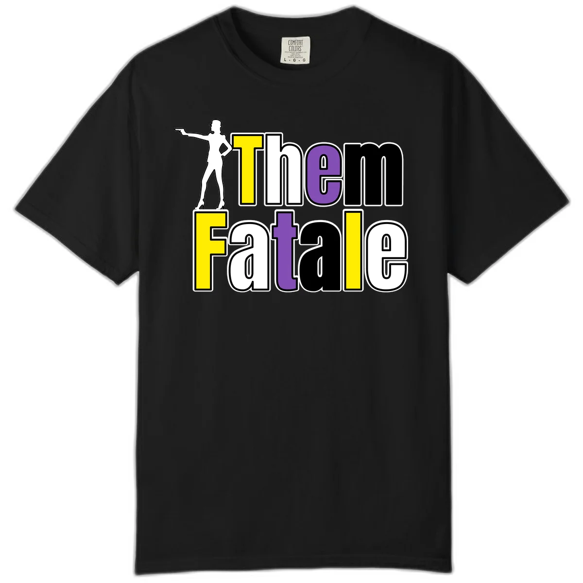 The gym fatalig design with silhouetted figure in power pose and colorful bold text in Black