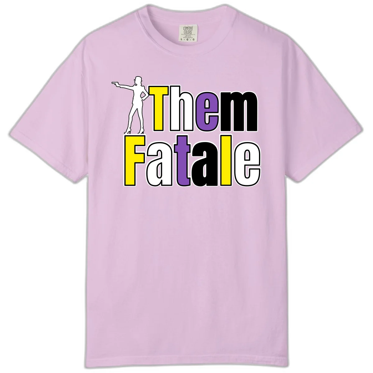 The gym fatalig design with silhouetted figure in power pose and colorful bold text in Orchid
