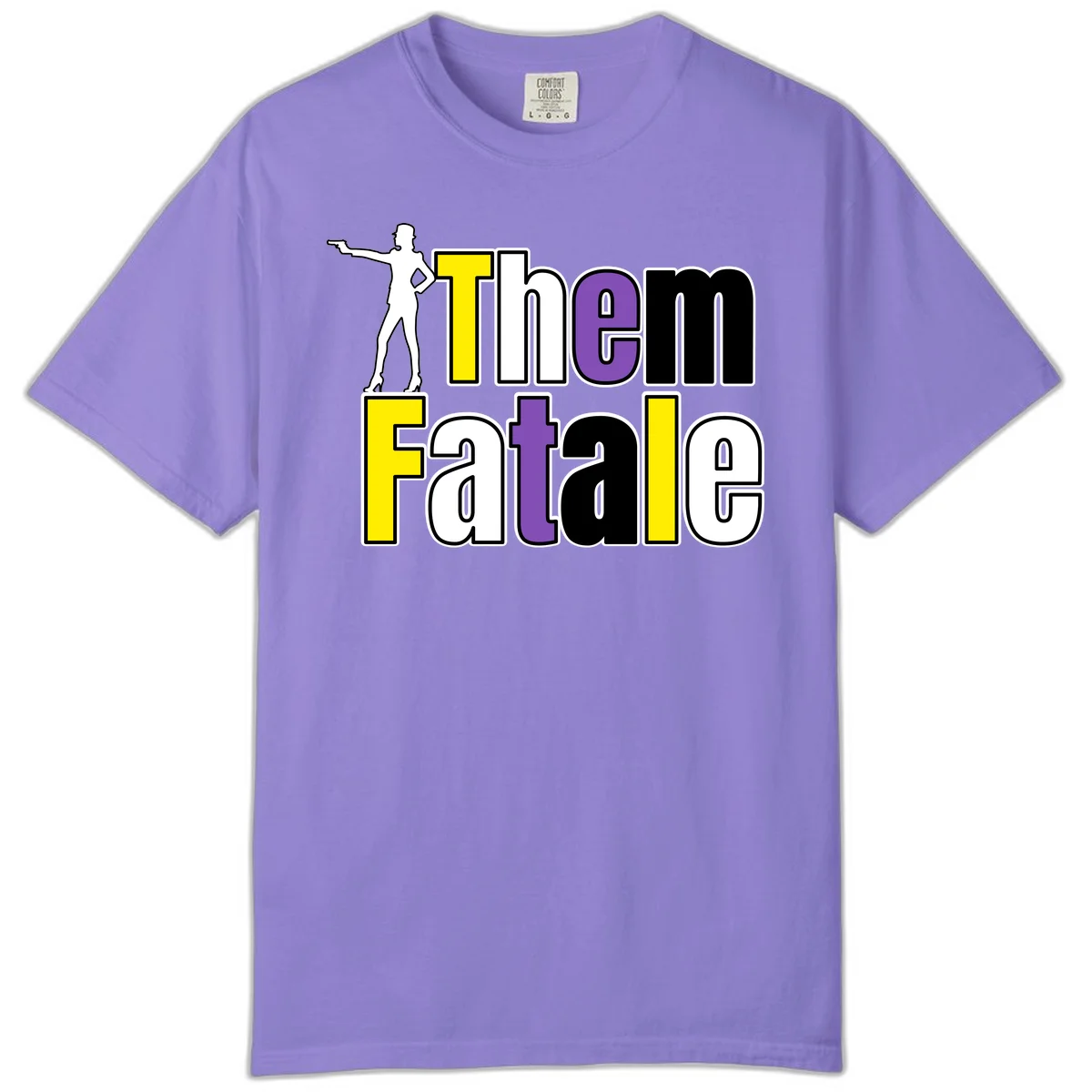 The gym fatalig design with silhouetted figure in power pose and colorful bold text in Violet