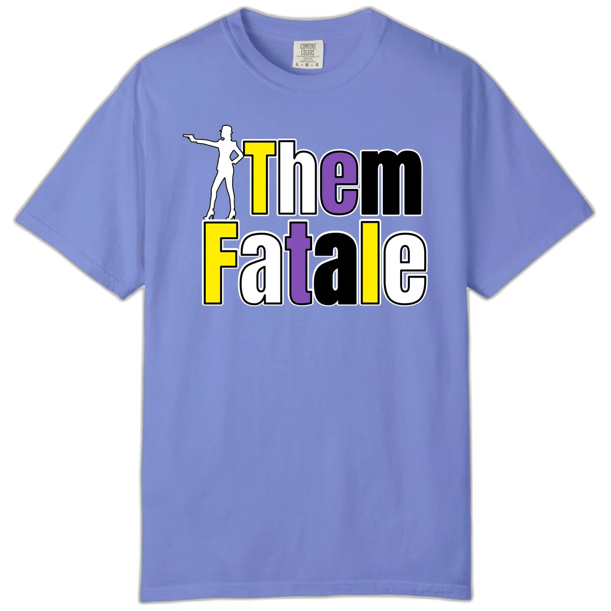 The gym fatalig design with silhouetted figure in power pose and colorful bold text in Flo Blue