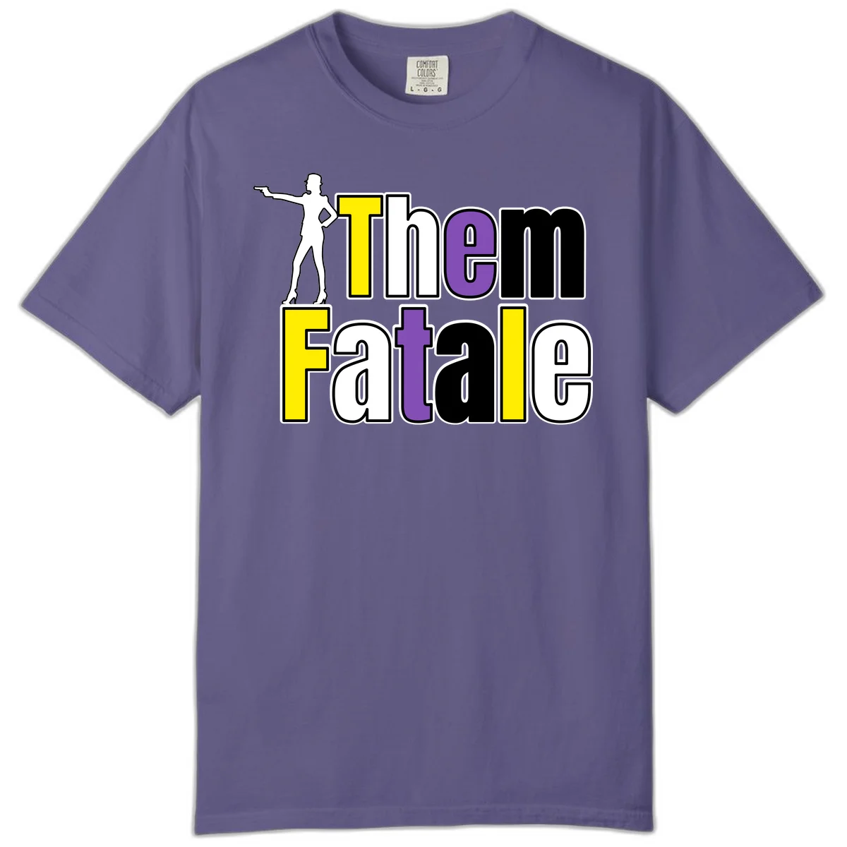The gym fatalig design with silhouetted figure in power pose and colorful bold text in Grape
