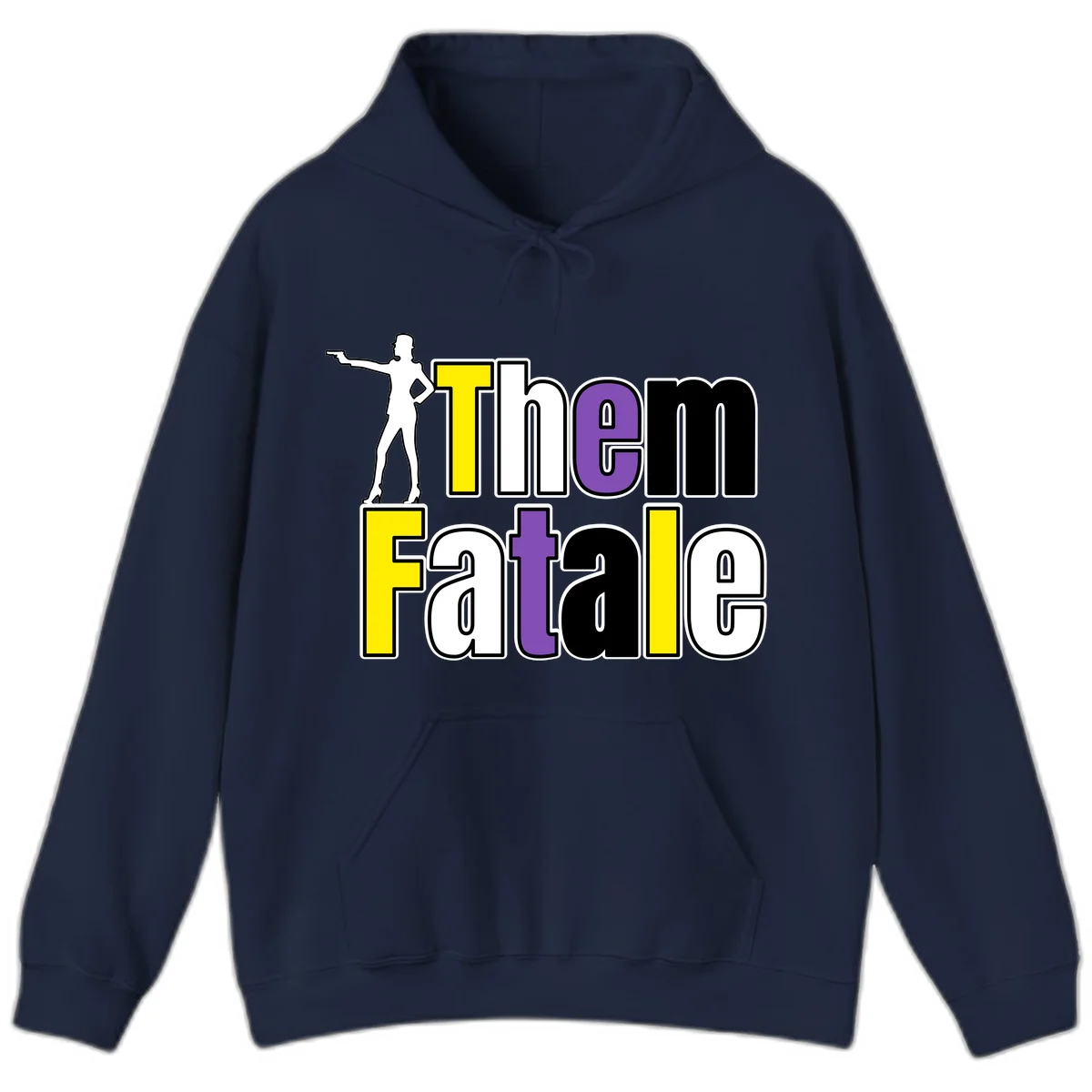 The gym fatalig design with silhouetted figure in power pose and colorful bold text in Navy