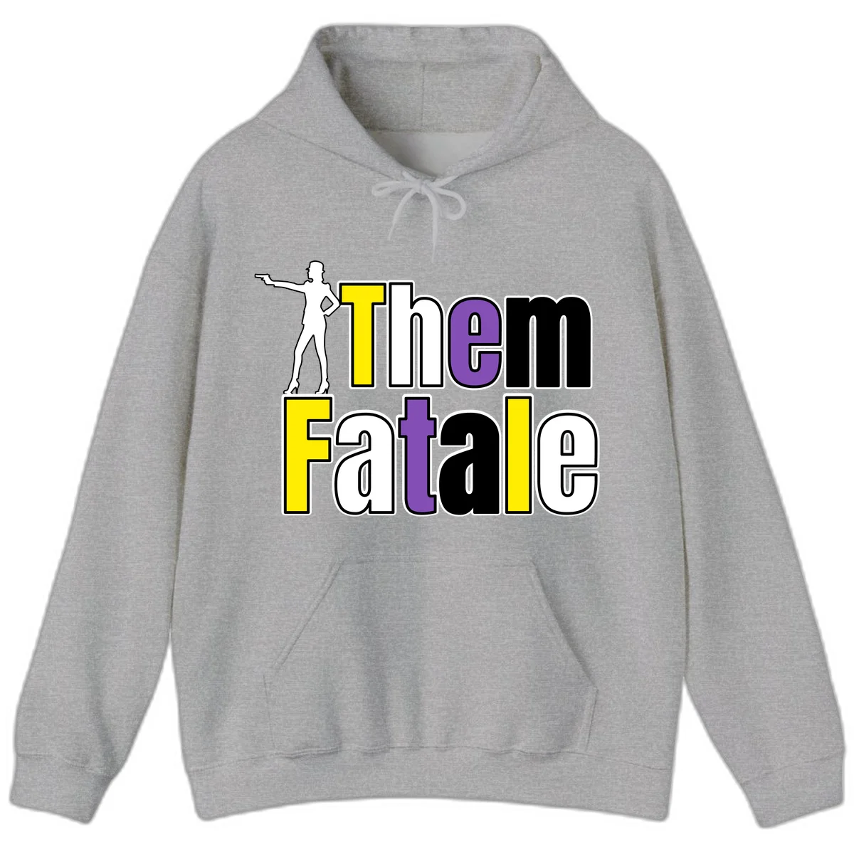 The gym fatalig design with silhouetted figure in power pose and colorful bold text in Sport Grey