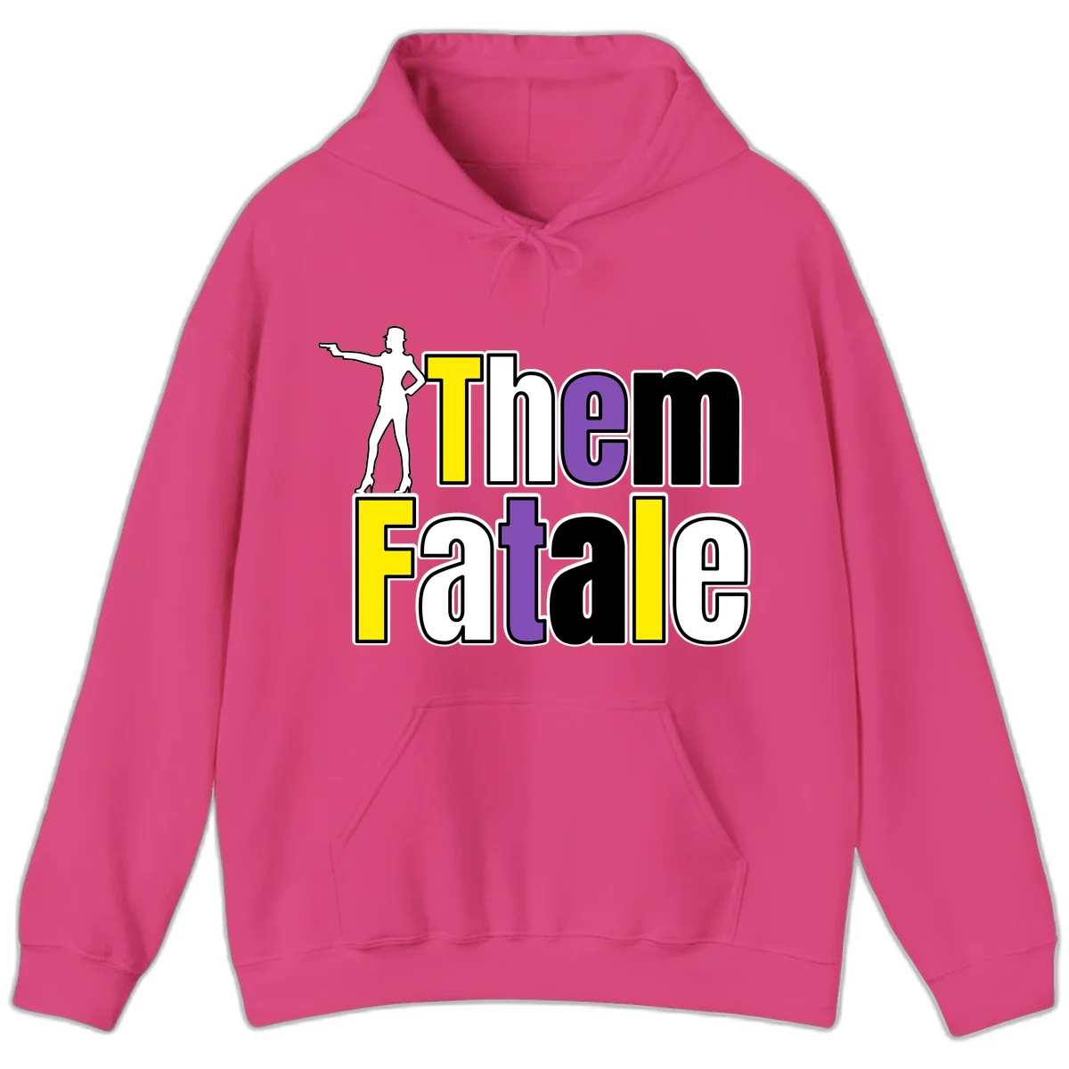 The gym fatalig design with silhouetted figure in power pose and colorful bold text in Heliconia