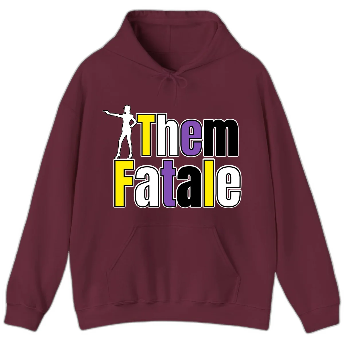The gym fatalig design with silhouetted figure in power pose and colorful bold text in Maroon