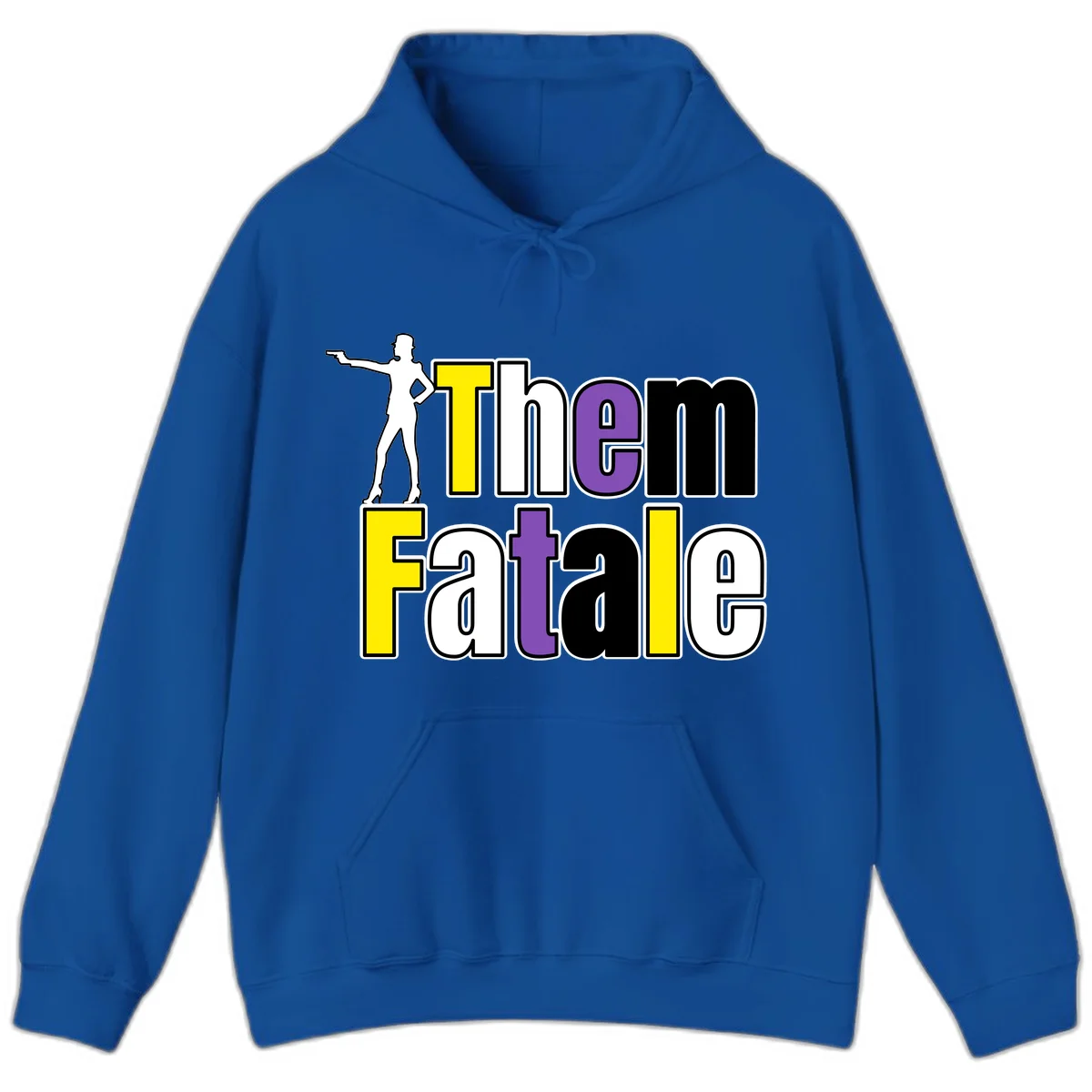 The gym fatalig design with silhouetted figure in power pose and colorful bold text in Royal