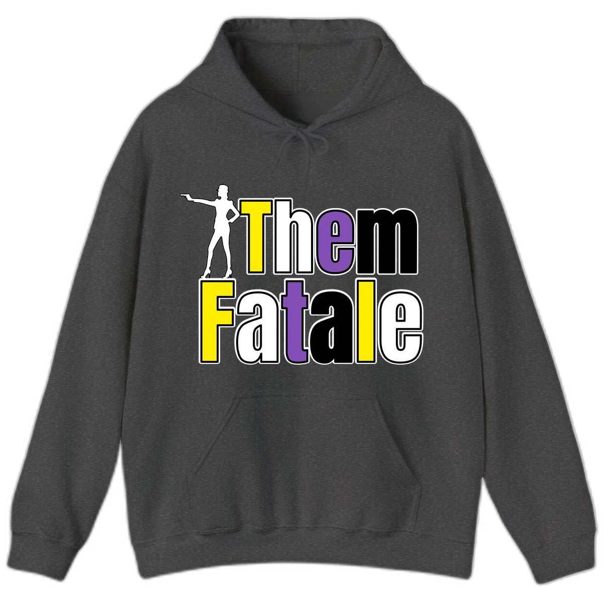 The gym fatalig design with silhouetted figure in power pose and colorful bold text in Dark Heather