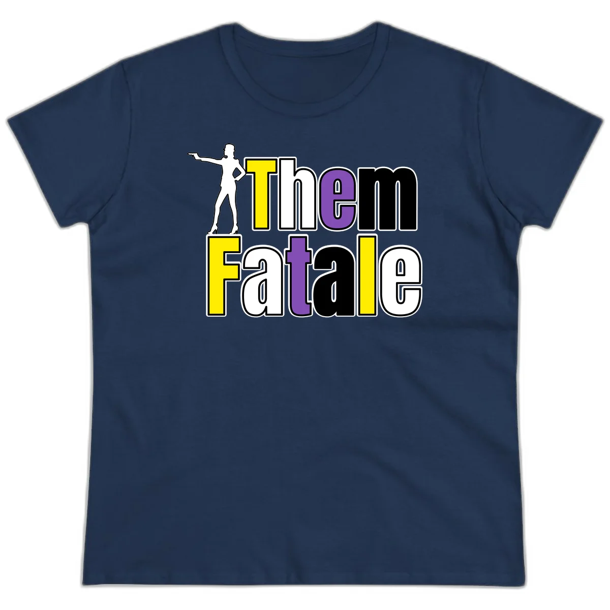 The gym fatalig design with silhouetted figure in power pose and colorful bold text in Navy