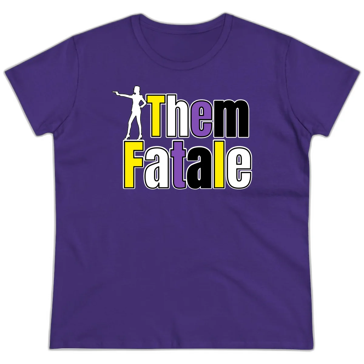 The gym fatalig design with silhouetted figure in power pose and colorful bold text in Purple