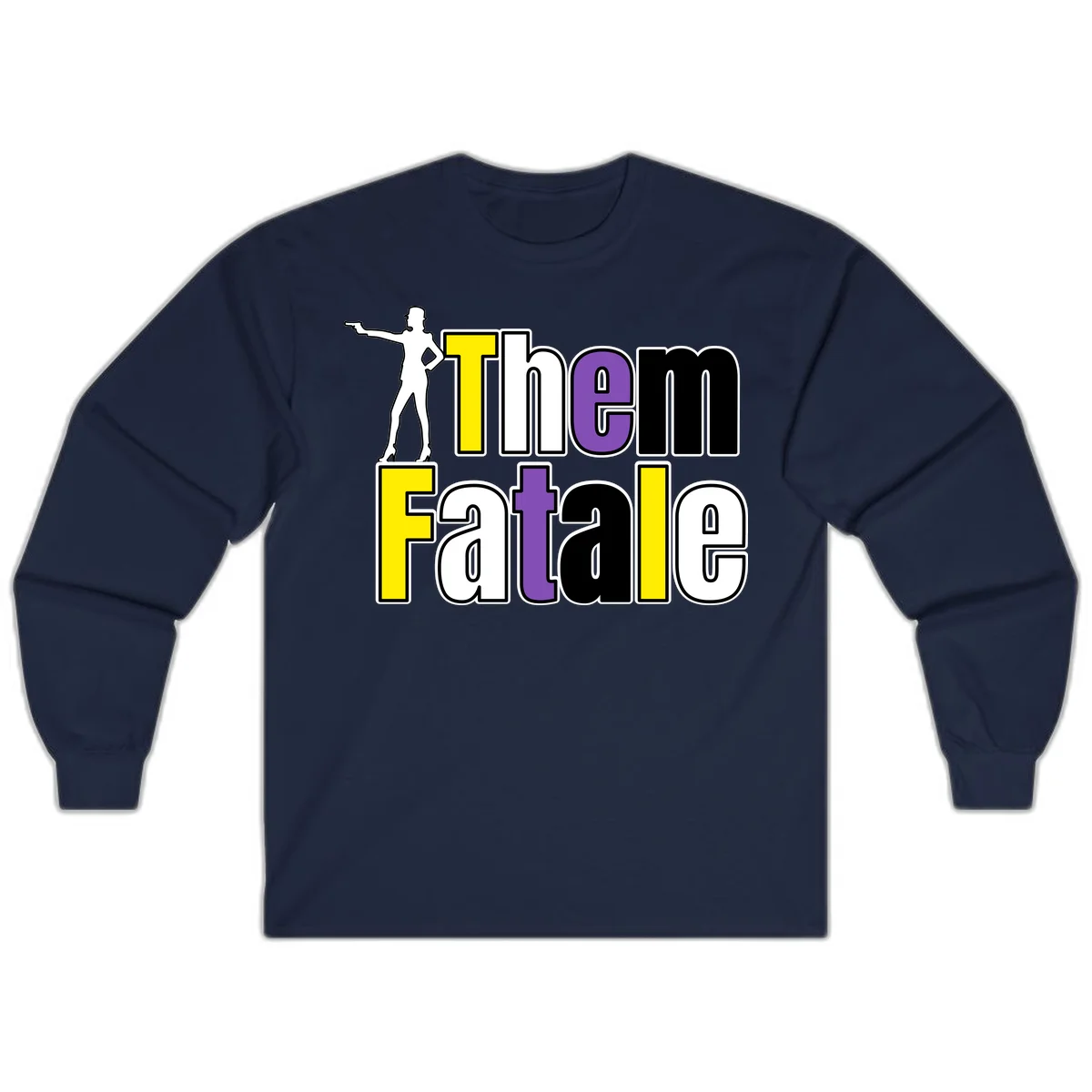 The gym fatalig design with silhouetted figure in power pose and colorful bold text in Navy