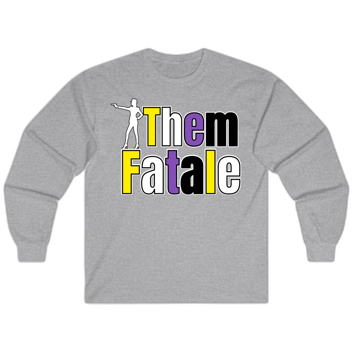 The gym fatalig design with silhouetted figure in power pose and colorful bold text in Sport Grey