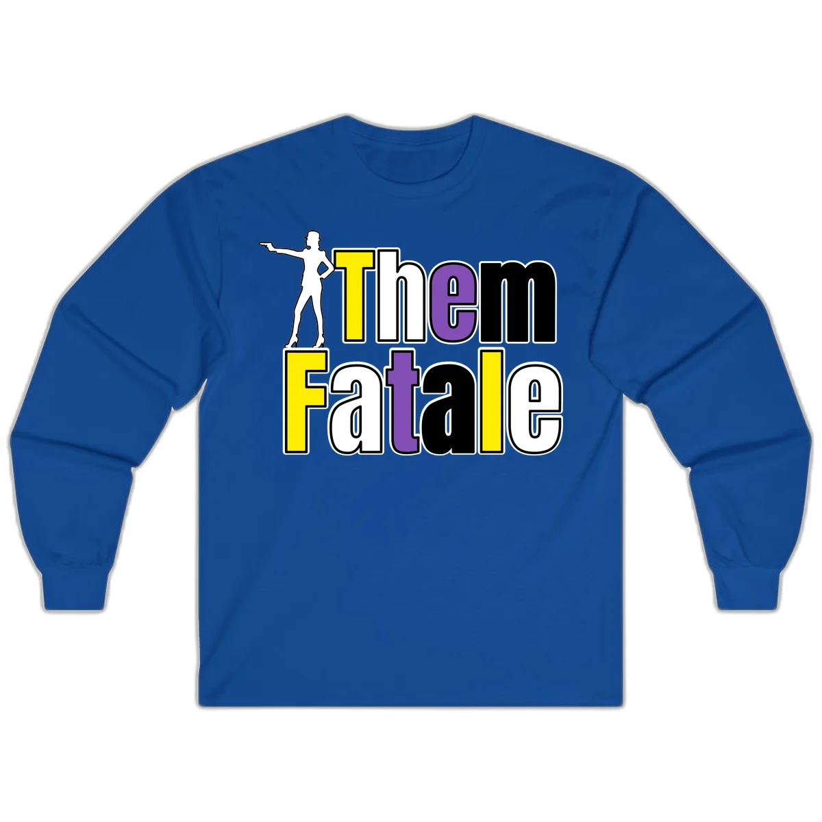 The gym fatalig design with silhouetted figure in power pose and colorful bold text in Royal