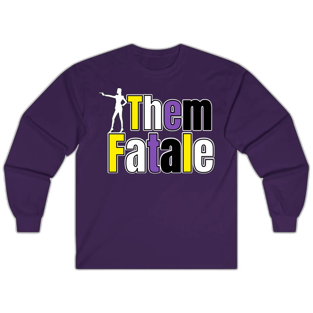 The gym fatalig design with silhouetted figure in power pose and colorful bold text in Purple