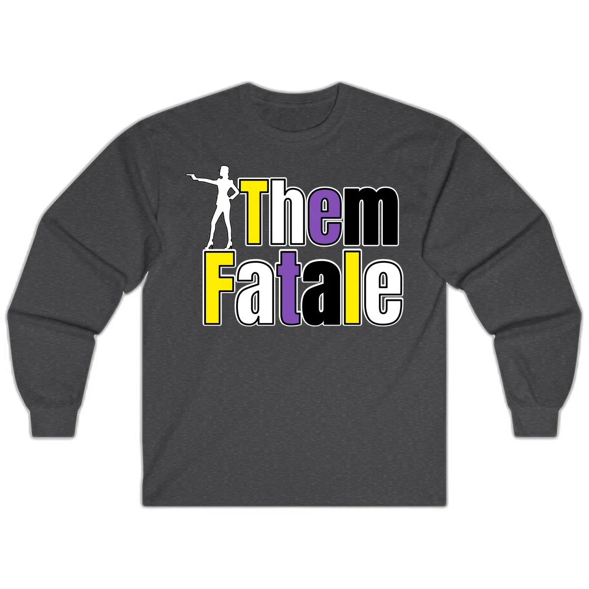 The gym fatalig design with silhouetted figure in power pose and colorful bold text in Dark Heather