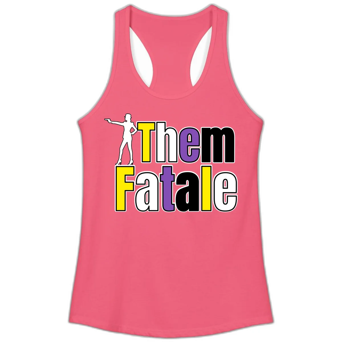 The gym fatalig design with silhouetted figure in power pose and colorful bold text in Hot Pink