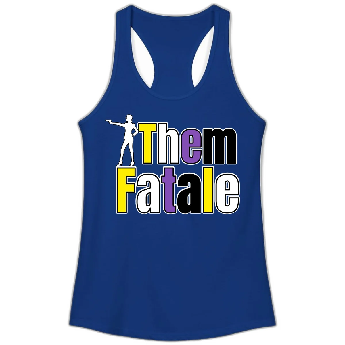 The gym fatalig design with silhouetted figure in power pose and colorful bold text in Solid Royal