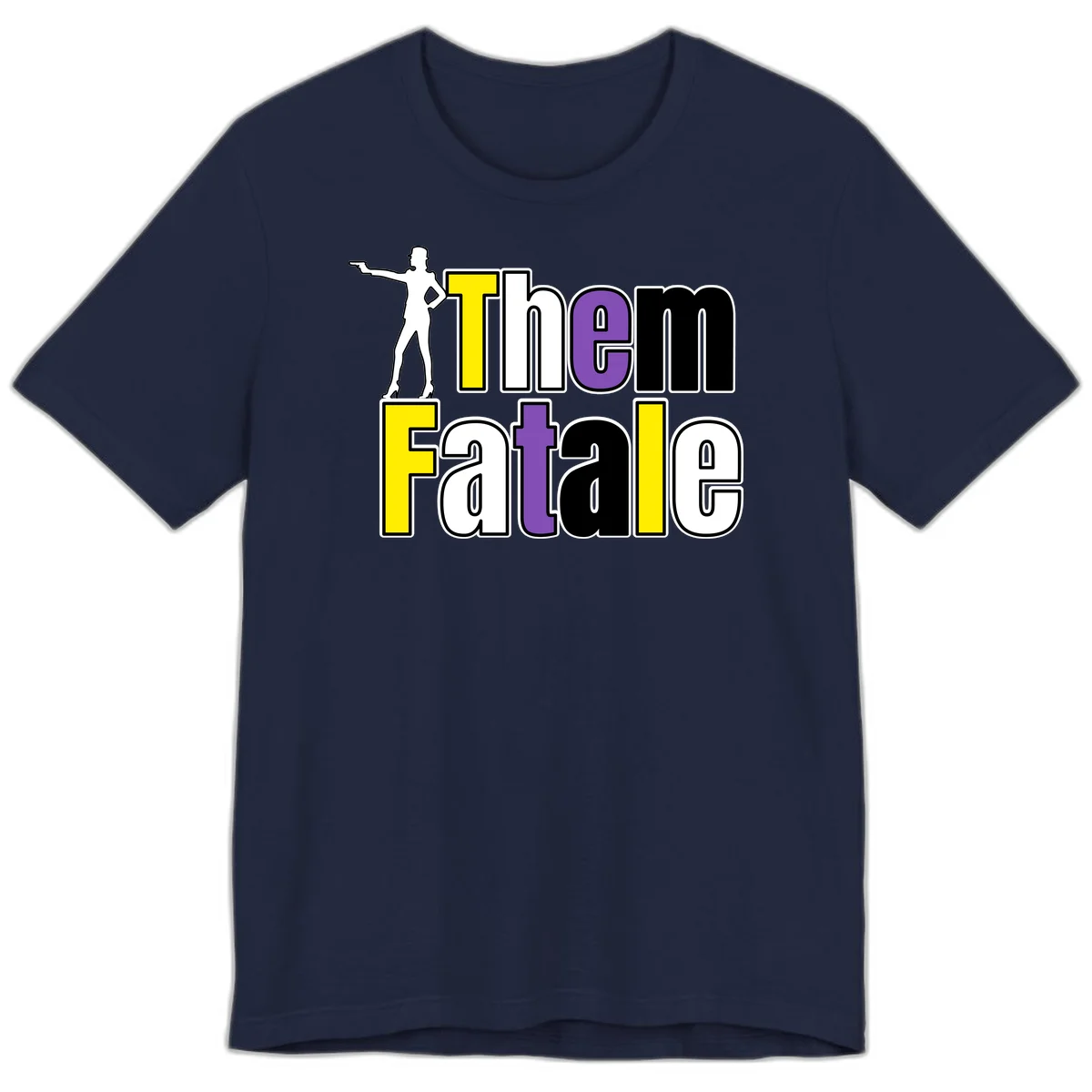 The gym fatalig design with silhouetted figure in power pose and colorful bold text in Navy