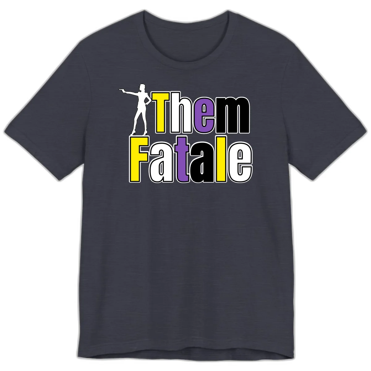 The gym fatalig design with silhouetted figure in power pose and colorful bold text in Heather Midnight Navy
