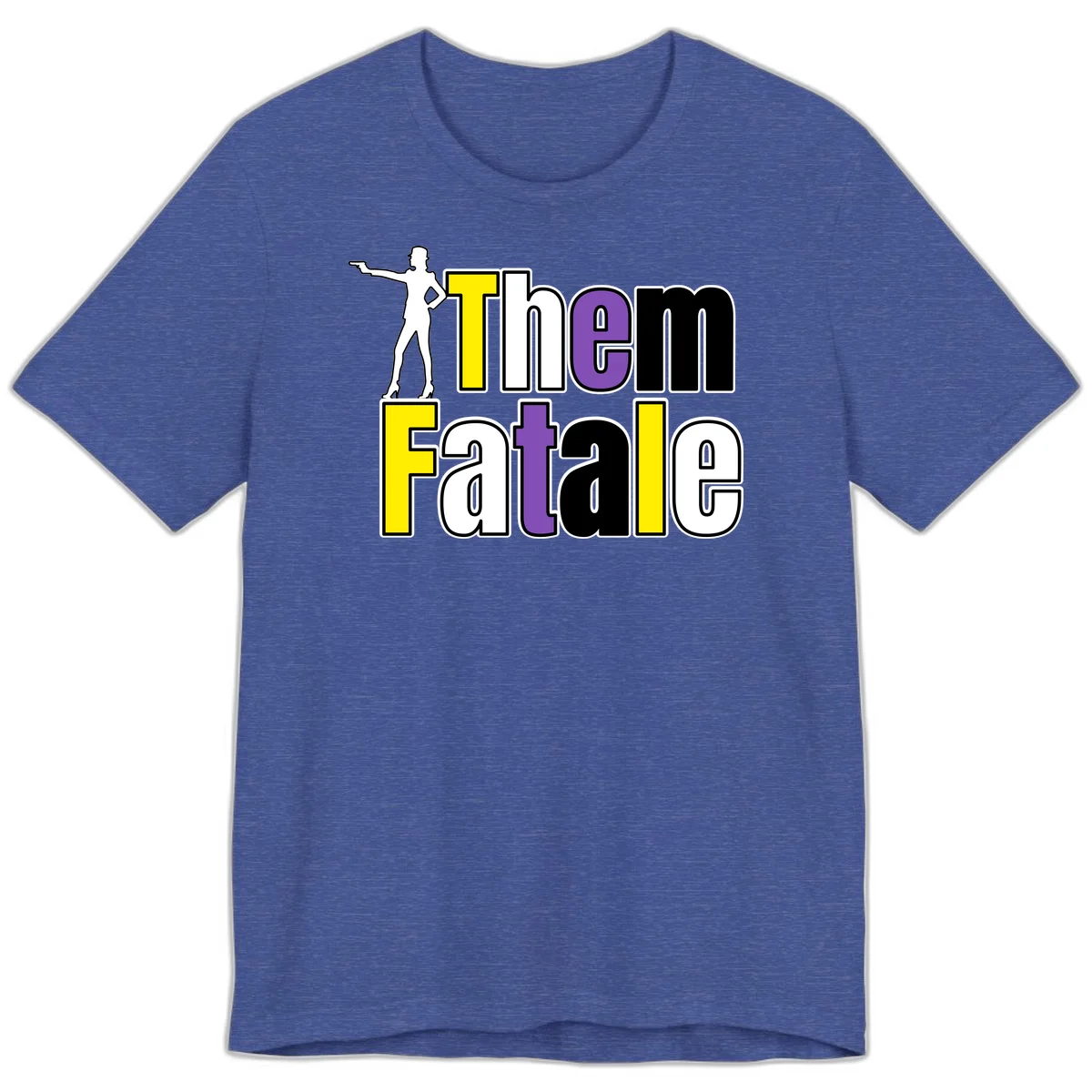 The gym fatalig design with silhouetted figure in power pose and colorful bold text in Heather True Royal
