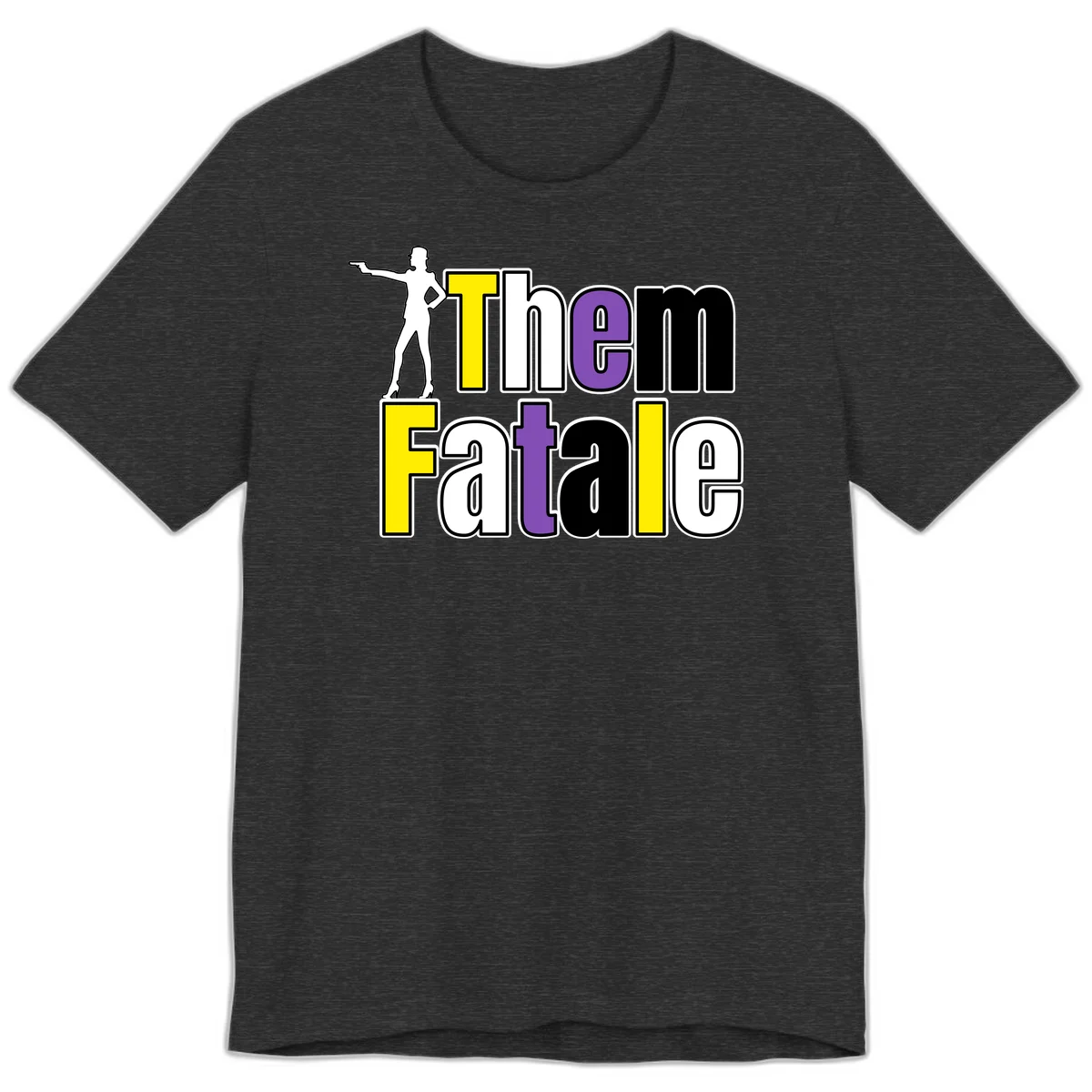 The gym fatalig design with silhouetted figure in power pose and colorful bold text in Dark Grey Heather