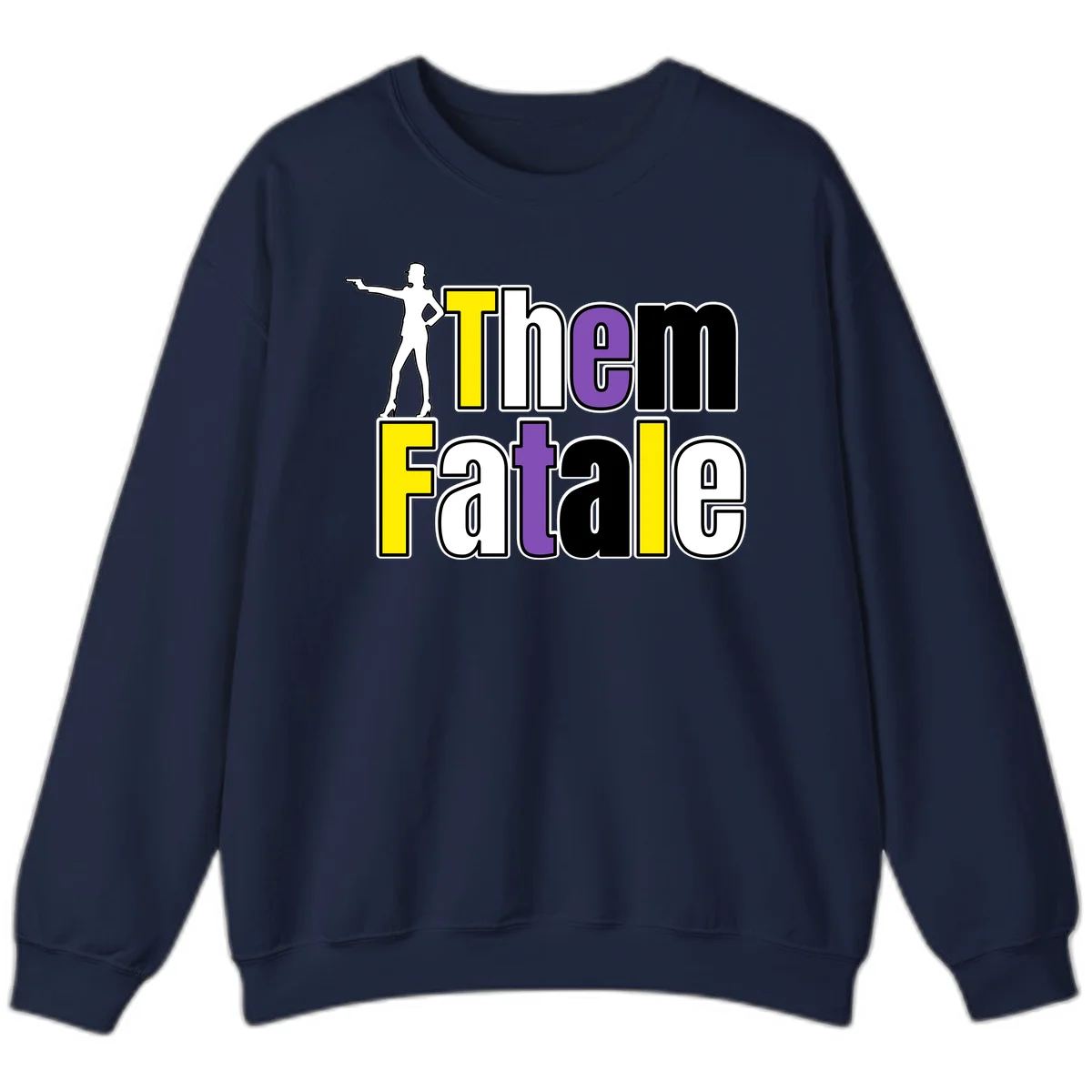 The gym fatalig design with silhouetted figure in power pose and colorful bold text in Navy