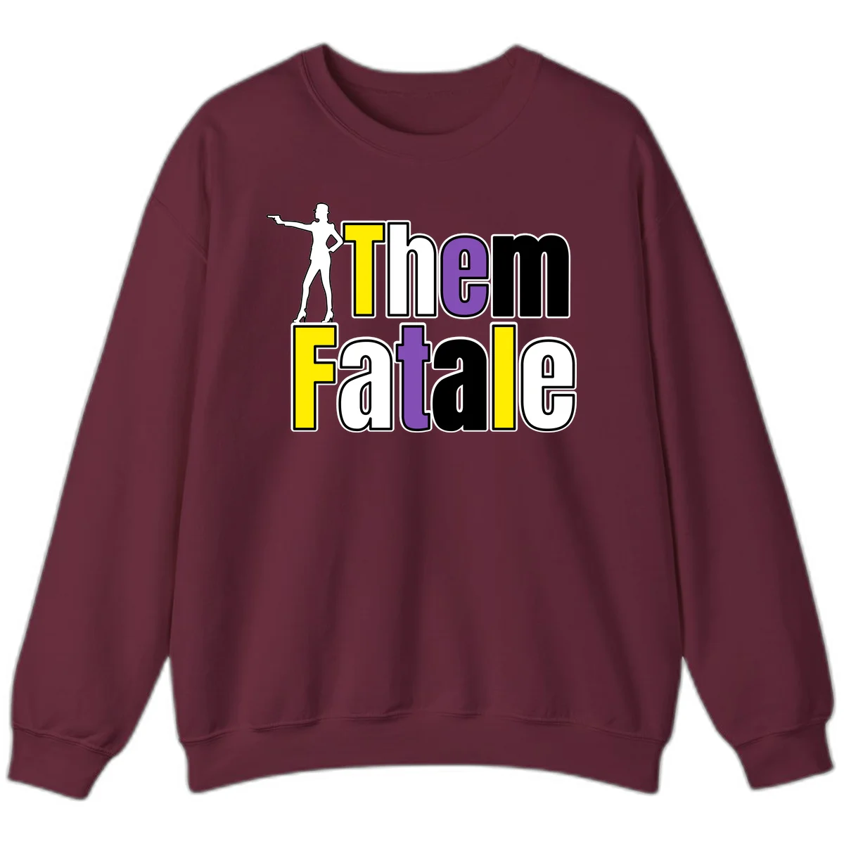 The gym fatalig design with silhouetted figure in power pose and colorful bold text in Maroon