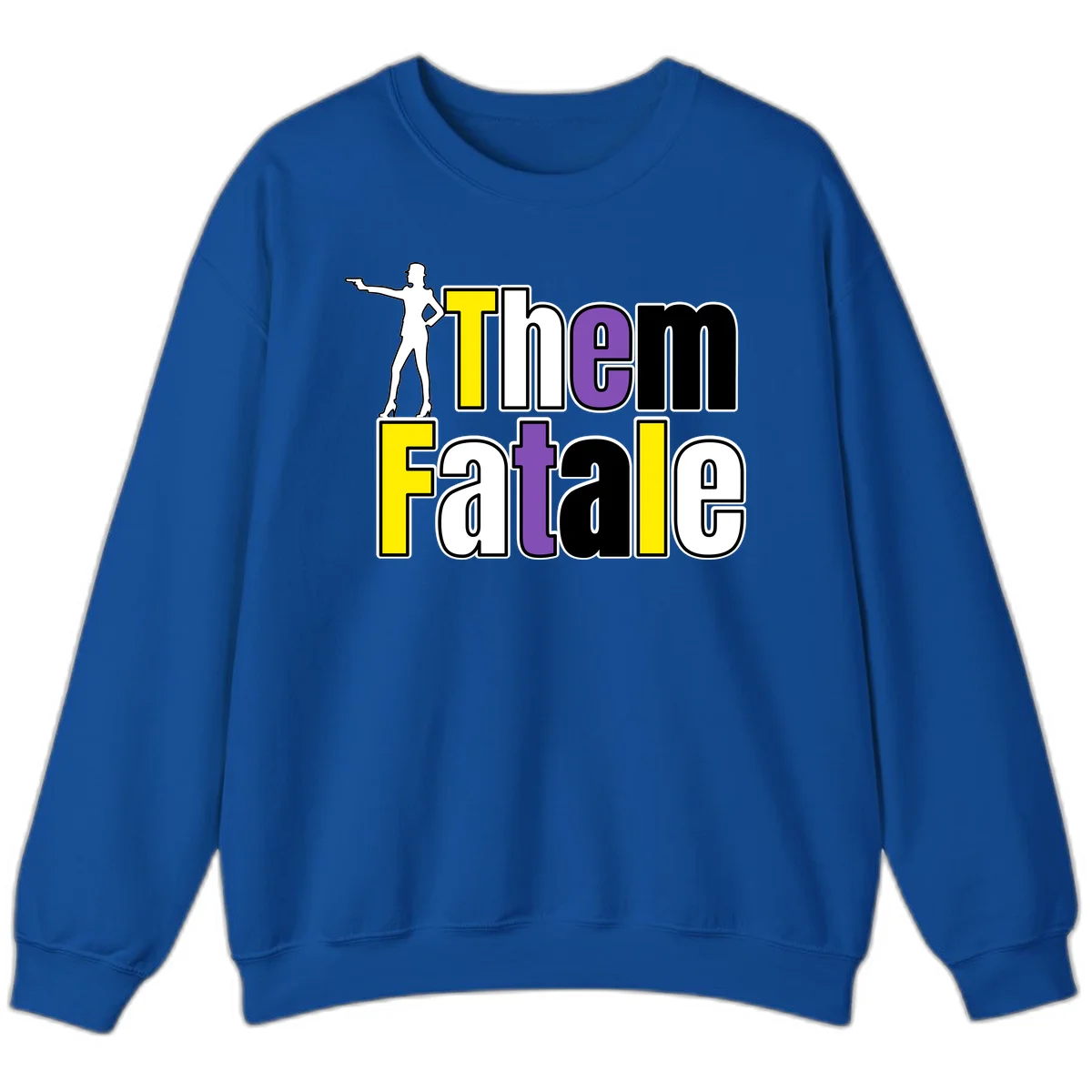 The gym fatalig design with silhouetted figure in power pose and colorful bold text in Royal