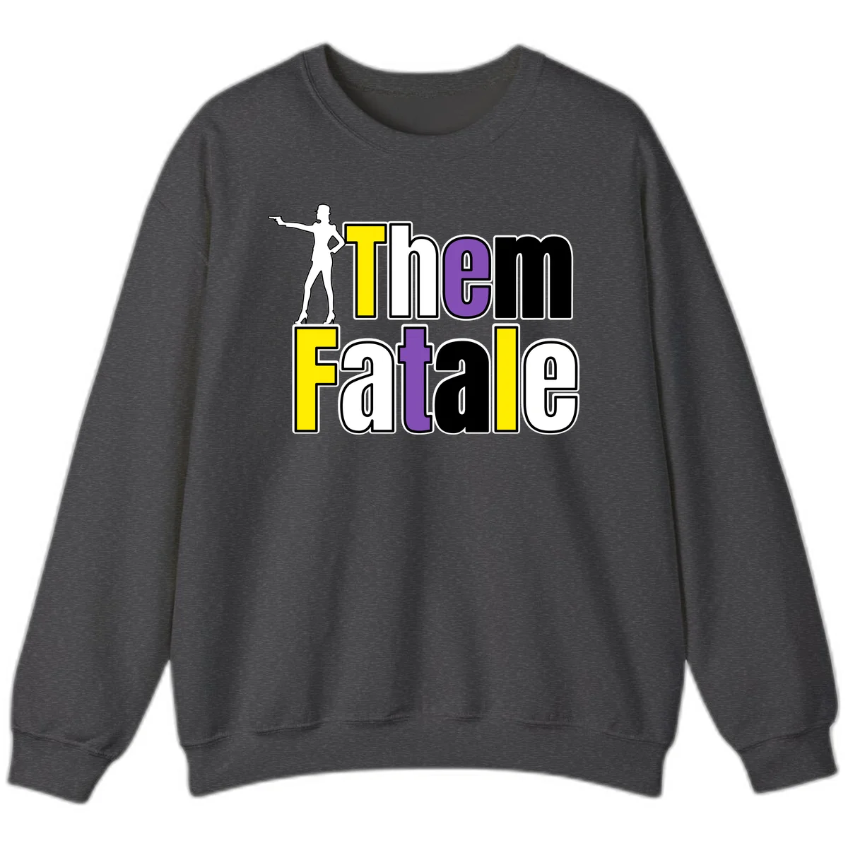 The gym fatalig design with silhouetted figure in power pose and colorful bold text in Dark Heather