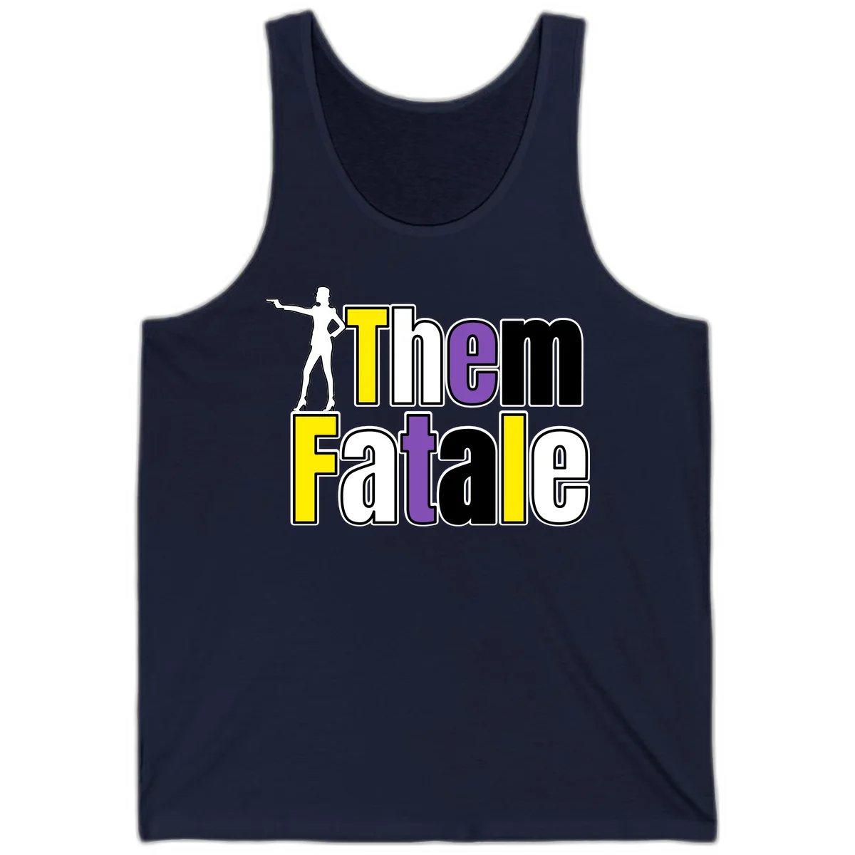The gym fatalig design with silhouetted figure in power pose and colorful bold text in Navy