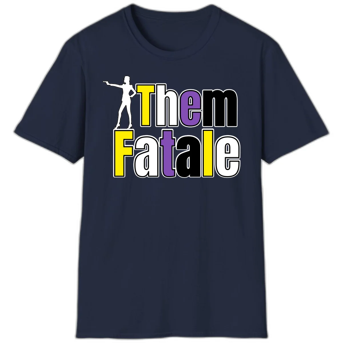 The gym fatalig design with silhouetted figure in power pose and colorful bold text in Navy