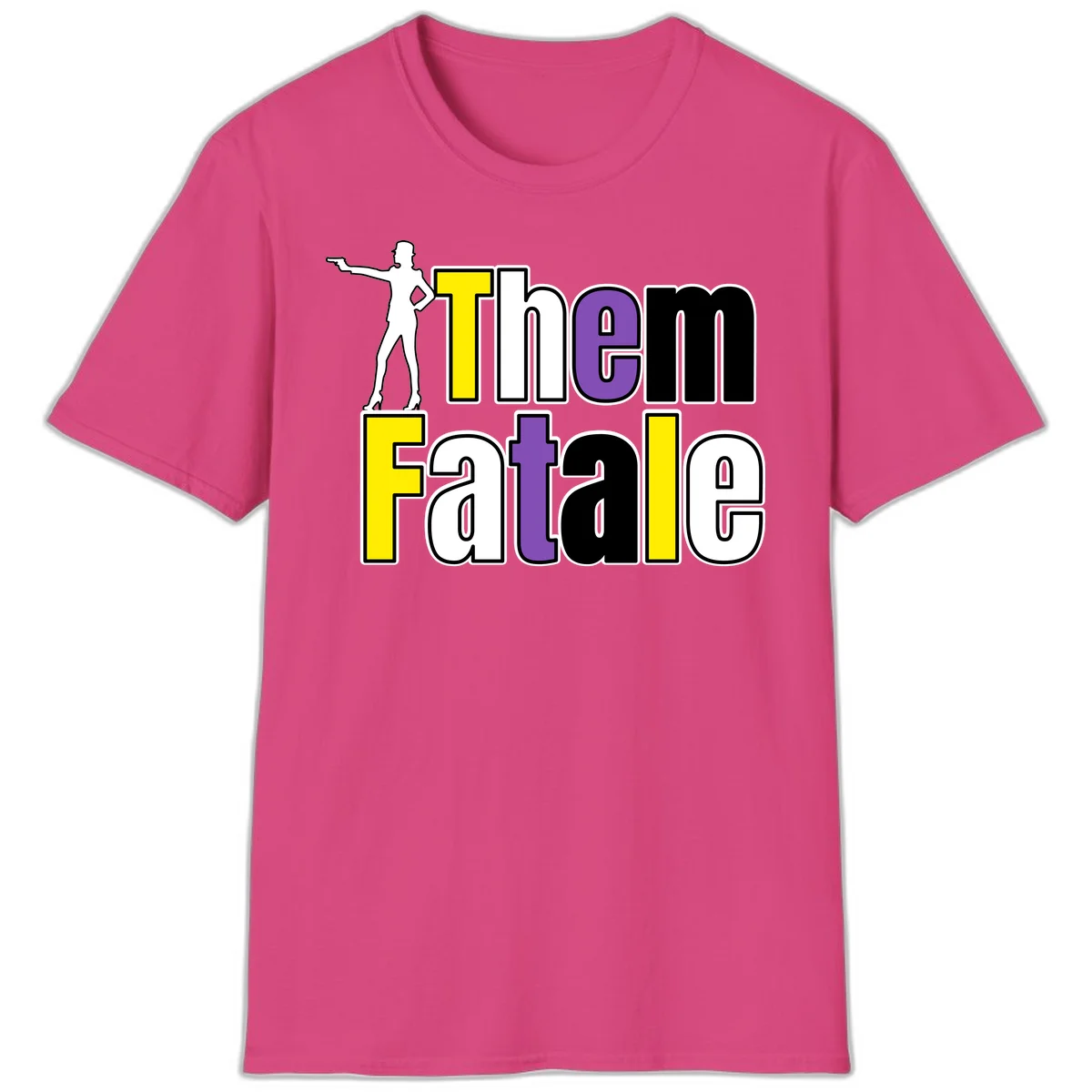 The gym fatalig design with silhouetted figure in power pose and colorful bold text in Heliconia