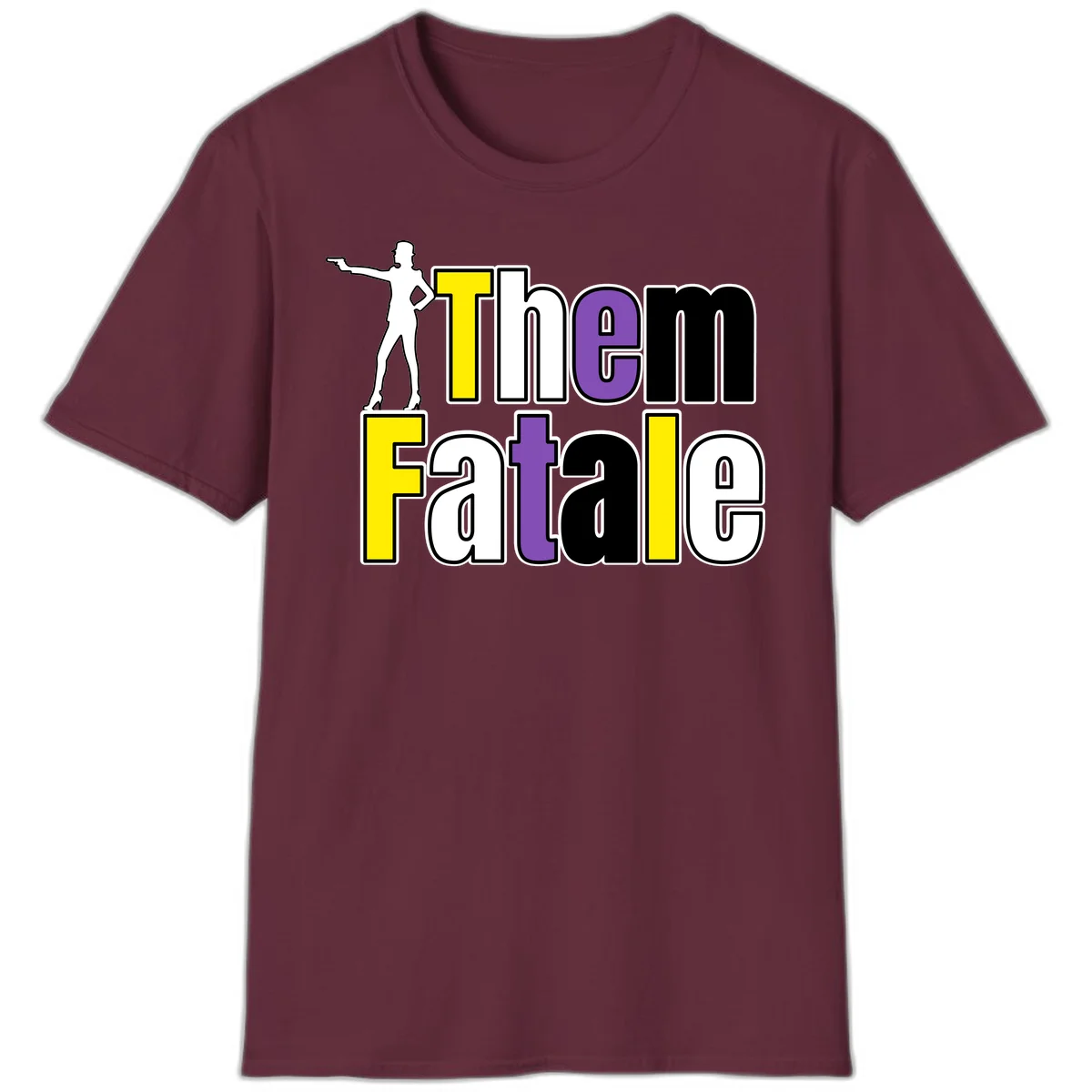 The gym fatalig design with silhouetted figure in power pose and colorful bold text in Maroon