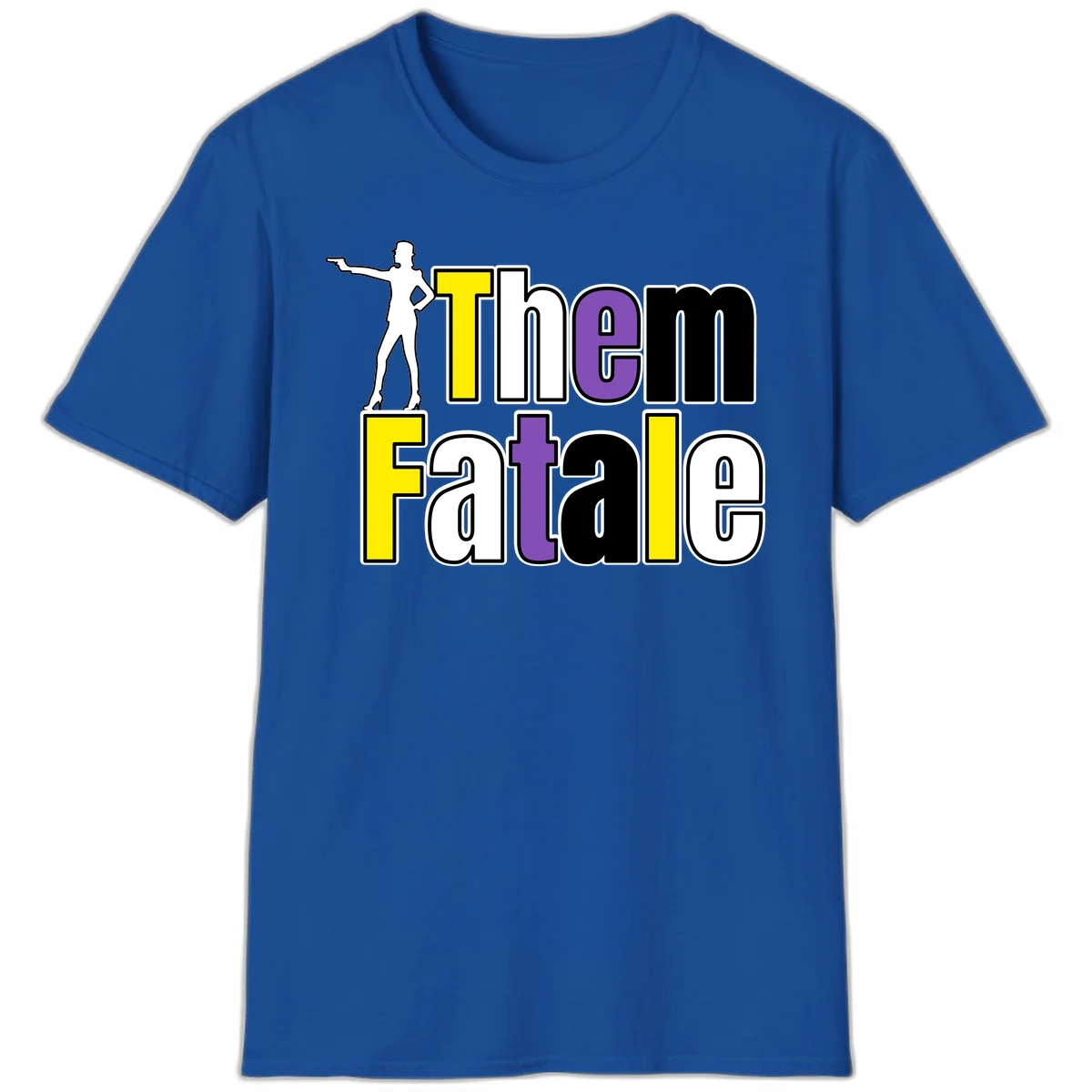 The gym fatalig design with silhouetted figure in power pose and colorful bold text in Royal