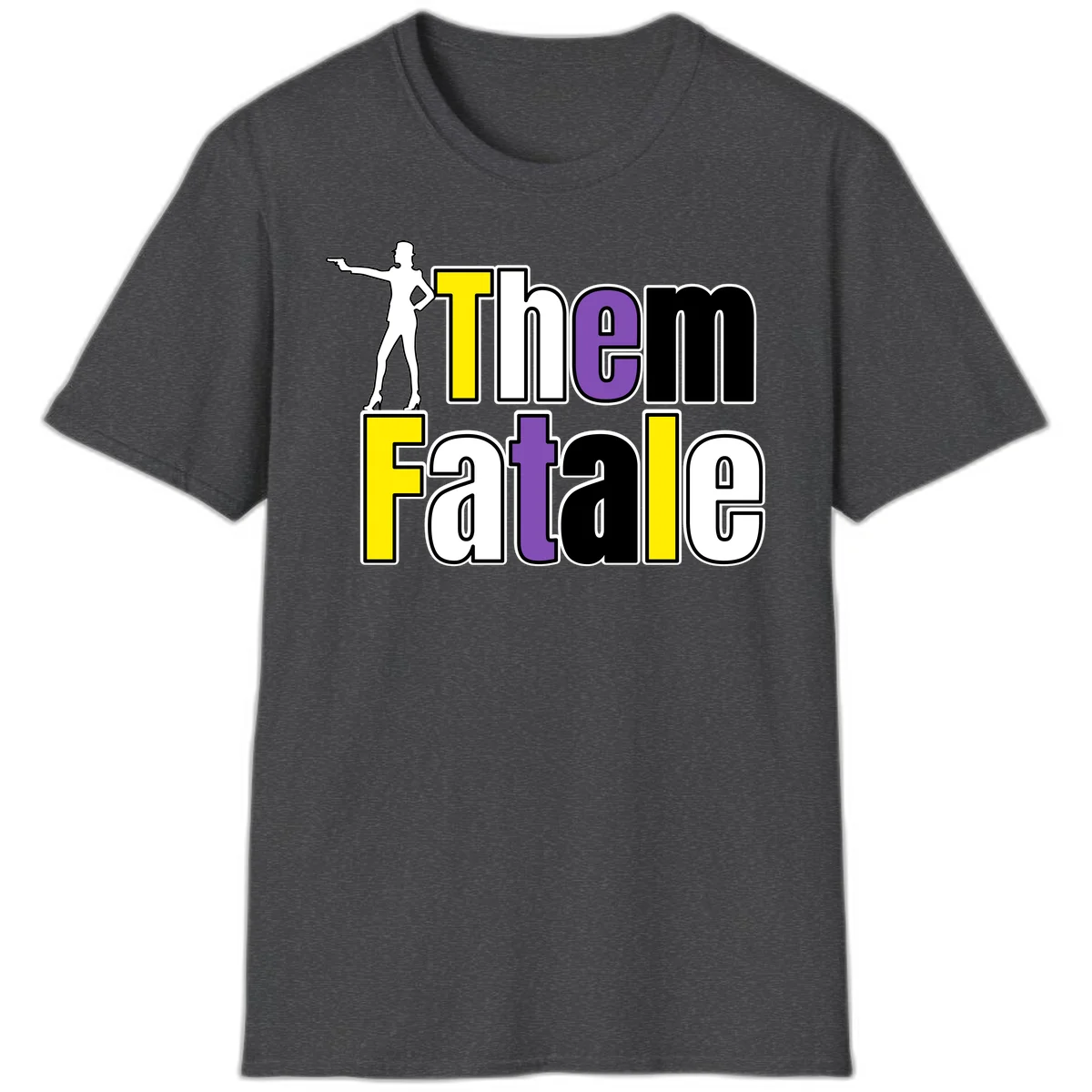 The gym fatalig design with silhouetted figure in power pose and colorful bold text in Dark Heather