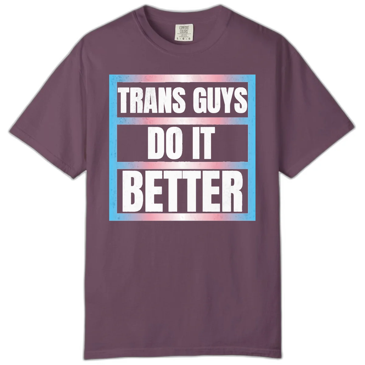Bold white text reading 'TRANS GUYS DO IT BETTER' on gray bands with transgender flag watercolor background in blue, pink, and white. in Berry
