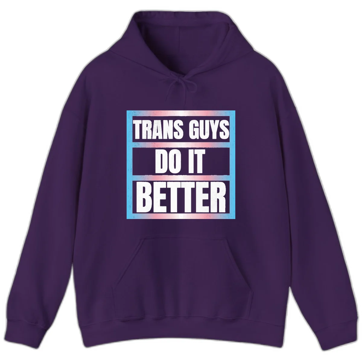 Bold white text reading 'TRANS GUYS DO IT BETTER' on gray bands with transgender flag watercolor background in blue, pink, and white. in Purple