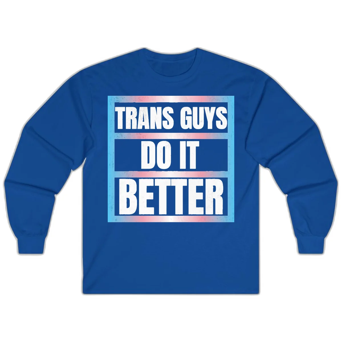 Bold white text reading 'TRANS GUYS DO IT BETTER' on gray bands with transgender flag watercolor background in blue, pink, and white. in Royal