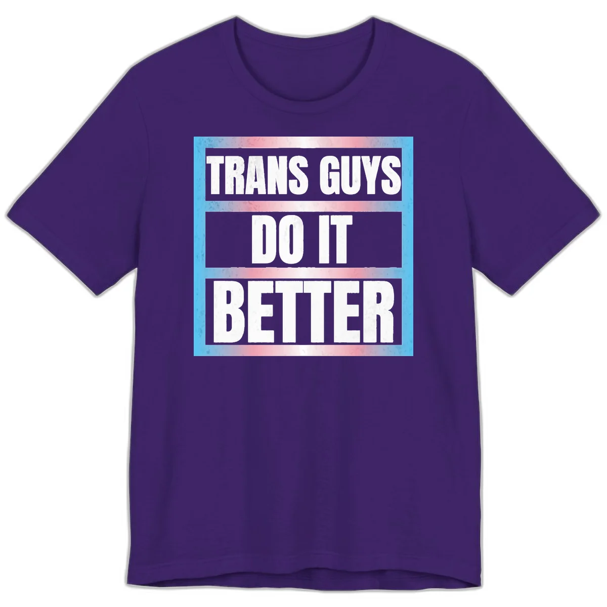 Bold white text reading 'TRANS GUYS DO IT BETTER' on gray bands with transgender flag watercolor background in blue, pink, and white. in Team Purple