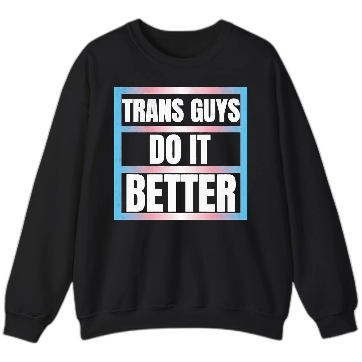 Bold white text reading 'TRANS GUYS DO IT BETTER' on gray bands with transgender flag watercolor background in blue, pink, and white. in Black
