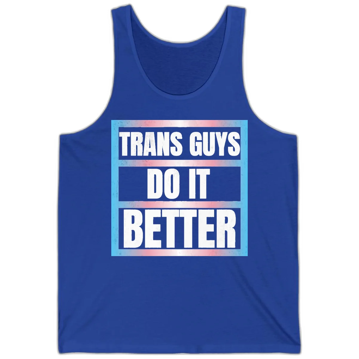 Bold white text reading 'TRANS GUYS DO IT BETTER' on gray bands with transgender flag watercolor background in blue, pink, and white. in True Royal