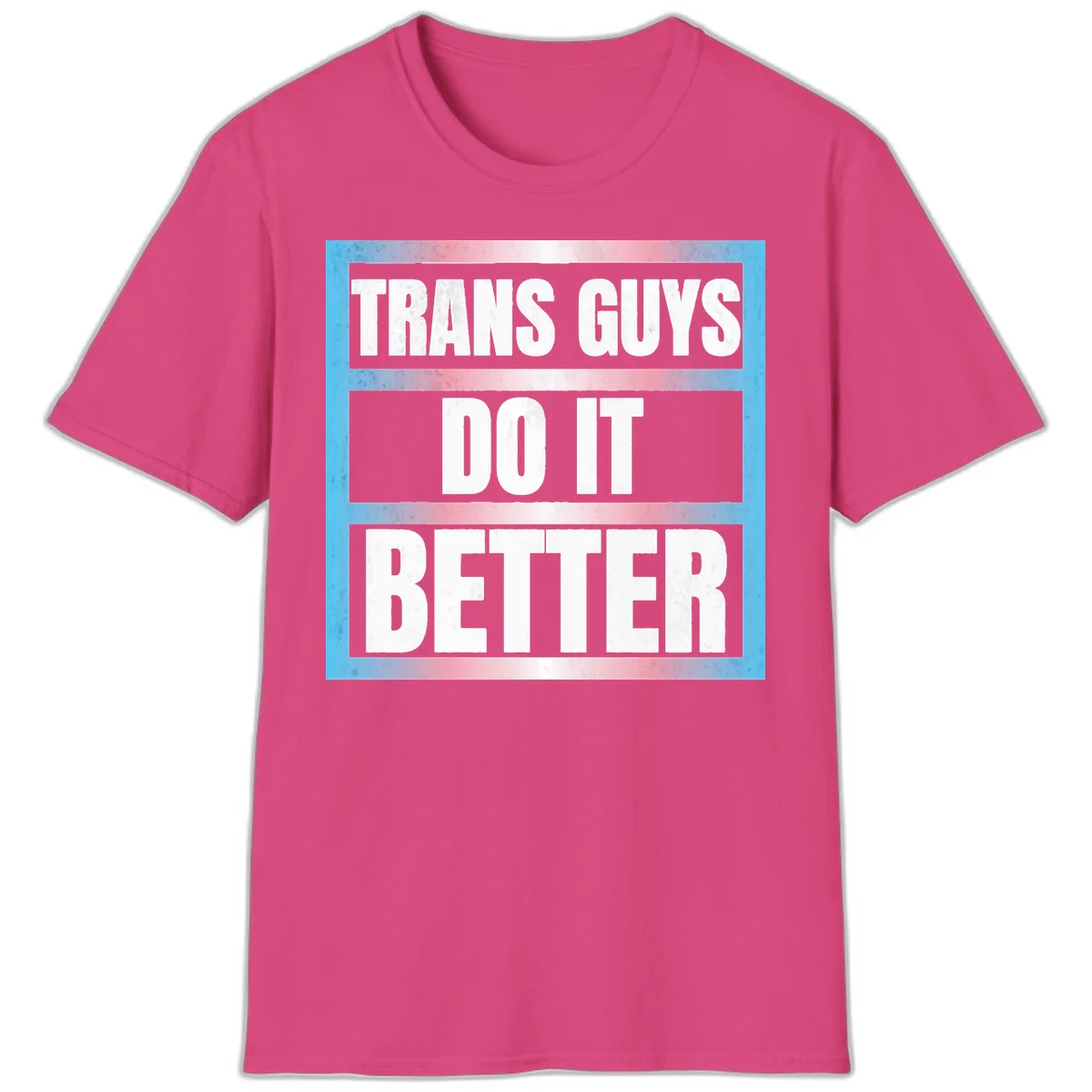 Bold white text reading 'TRANS GUYS DO IT BETTER' on gray bands with transgender flag watercolor background in blue, pink, and white. in Heliconia