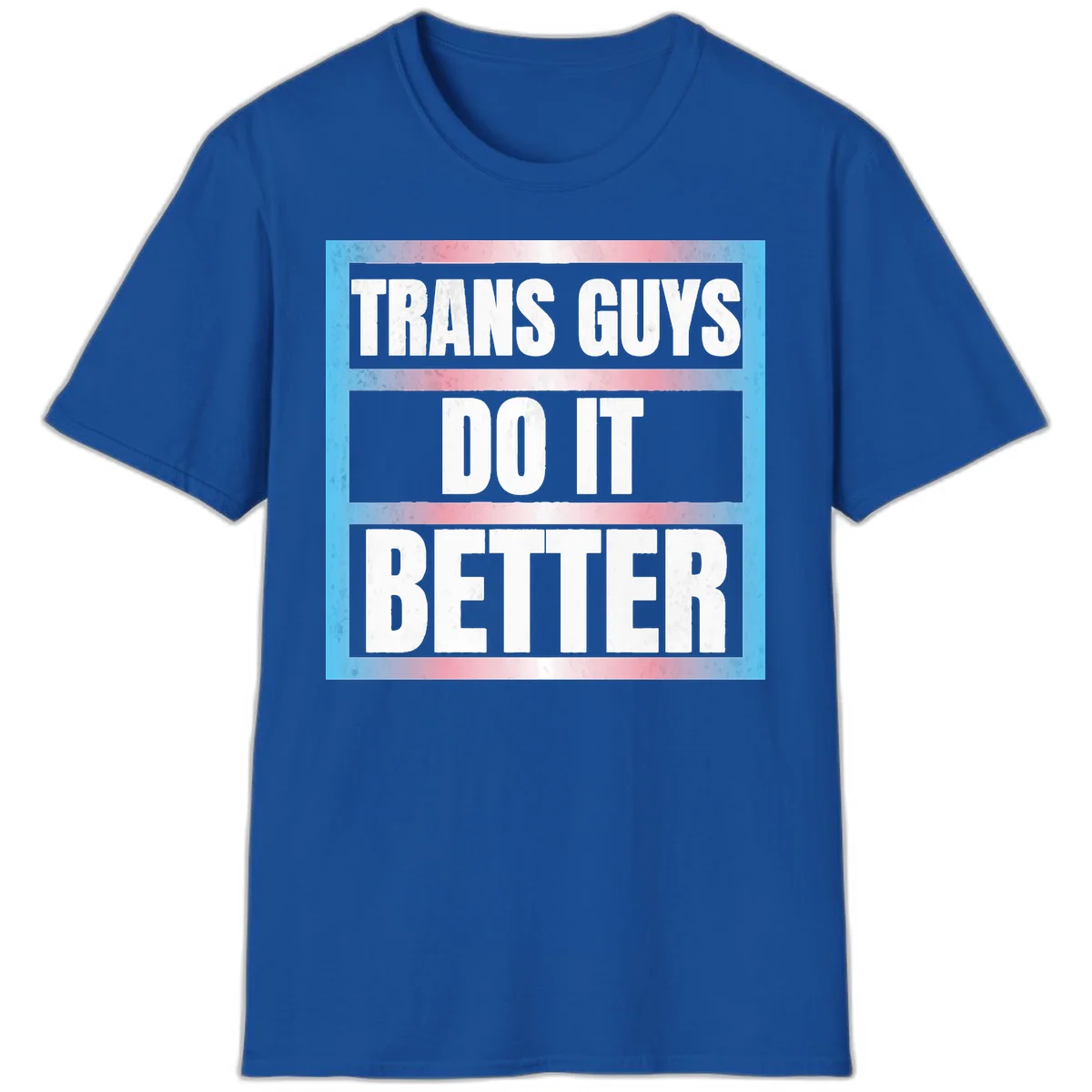 Bold white text reading 'TRANS GUYS DO IT BETTER' on gray bands with transgender flag watercolor background in blue, pink, and white. in Royal