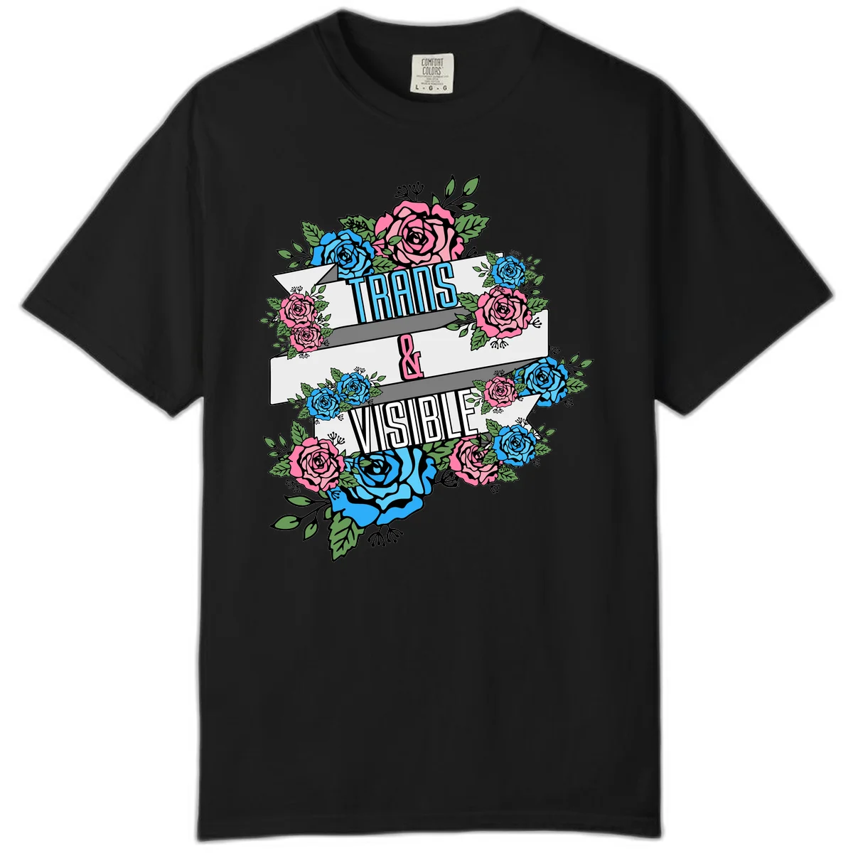 Trains and visible pride design with blue and pink roses and green leaves surrounding banner text on gray background in Black