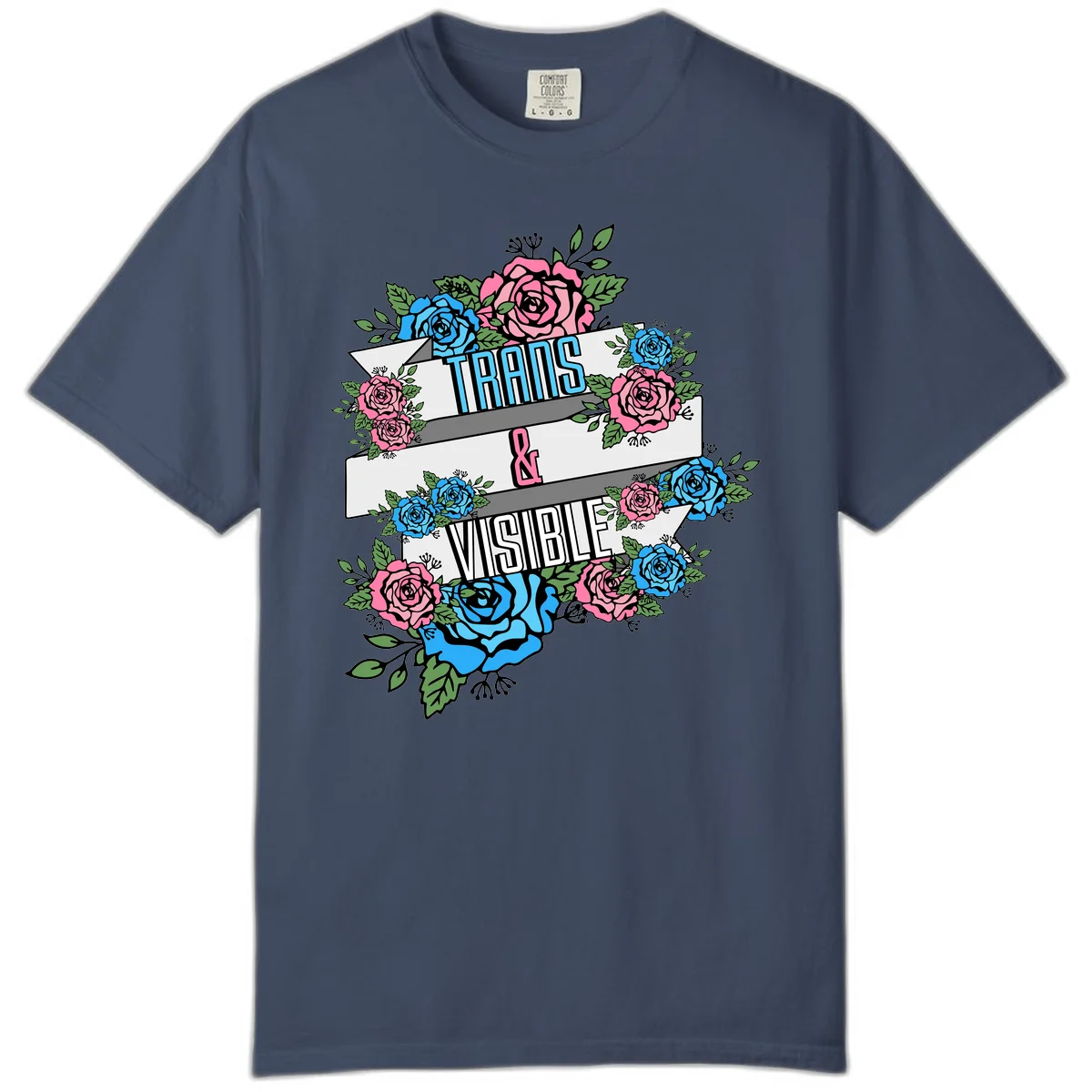 Trains and visible pride design with blue and pink roses and green leaves surrounding banner text on gray background in Midnight