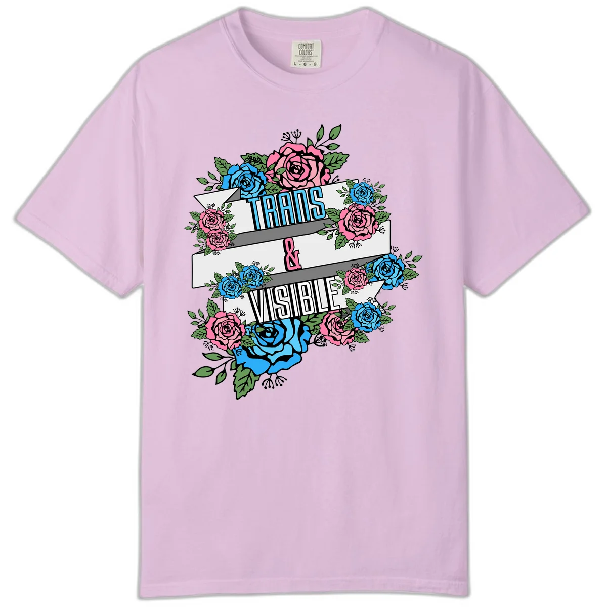 Trains and visible pride design with blue and pink roses and green leaves surrounding banner text on gray background in Orchid