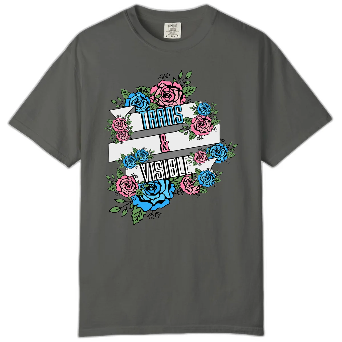 Trains and visible pride design with blue and pink roses and green leaves surrounding banner text on gray background in Pepper