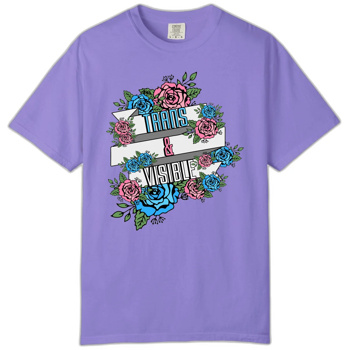 Trains and visible pride design with blue and pink roses and green leaves surrounding banner text on gray background in Violet