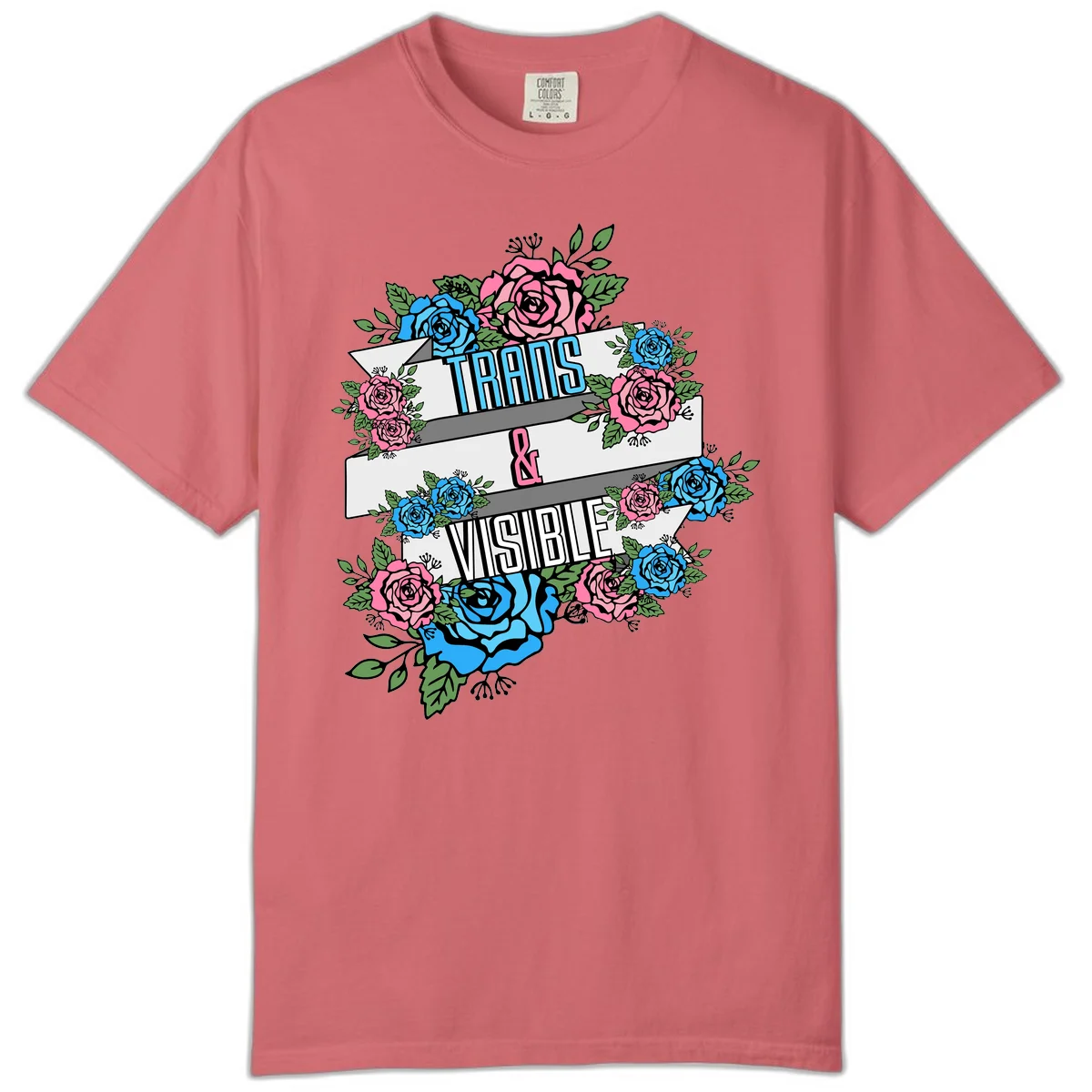 Trains and visible pride design with blue and pink roses and green leaves surrounding banner text on gray background in Watermelon