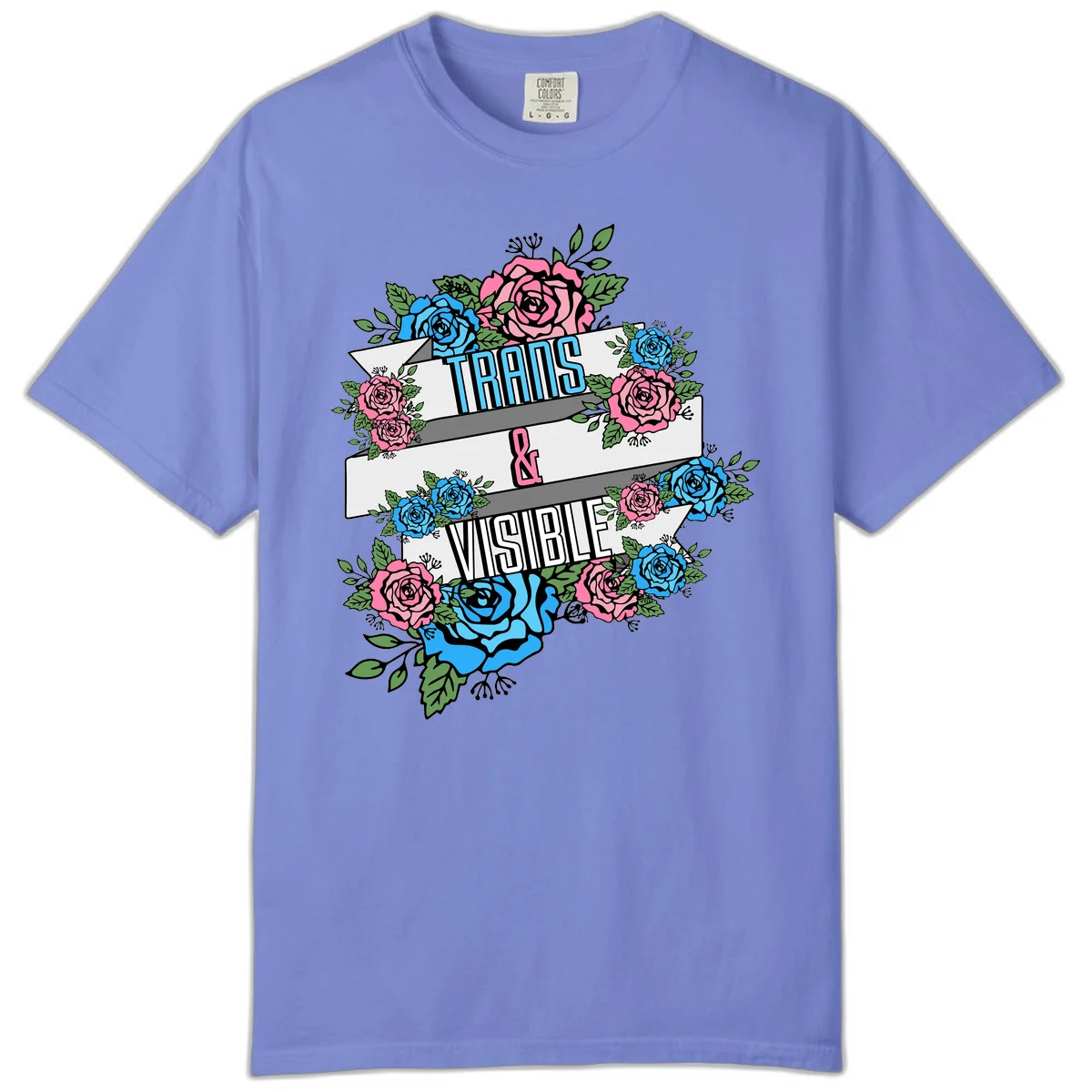 Trains and visible pride design with blue and pink roses and green leaves surrounding banner text on gray background in Flo Blue